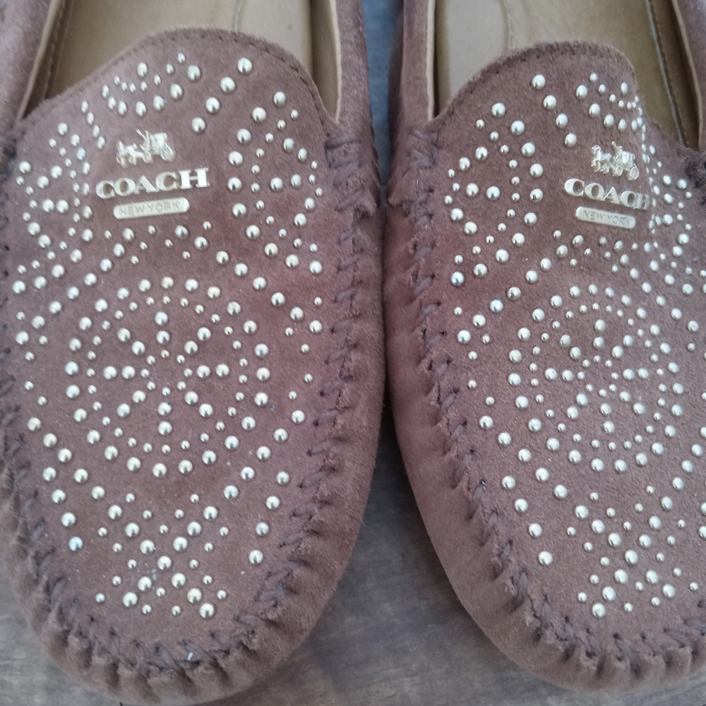 Coach Taupe Suede Studded Moccasin Flats - Picture 3 of 4